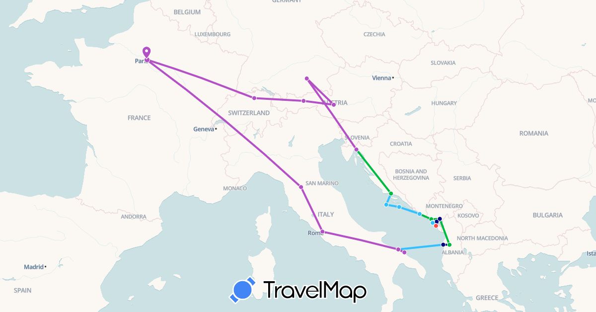 TravelMap itinerary: driving, bus, train, hiking, boat in Albania, Austria, Switzerland, Germany, France, Croatia, Italy, Montenegro (Europe)